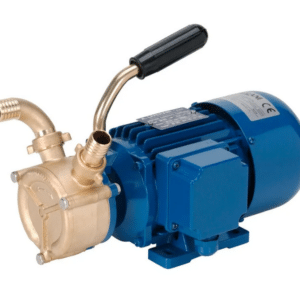 Ansaugpumpe elektrisch: Blaue elektrische Wasserpumpe mit Messingeinlass und -auslass, schwarzem Griff und einem Typenschild.