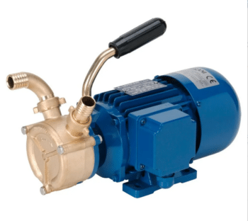 Ansaugpumpe elektrisch: Blaue elektrische Wasserpumpe mit Messingeinlass und -auslass, schwarzem Griff und einem Typenschild.