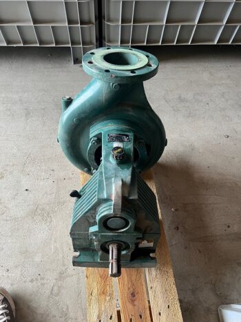Eine Caprari-Pumpe vom Typ MEC-D 03/100A steht auf einer Holzplanke auf einem Betonboden; die Aufnahme zeigt die Pumpe von oben.