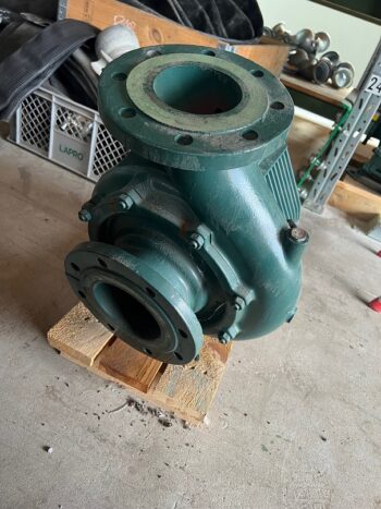 Eine Caprari-Pumpe vom Typ MEC-D 03/100A mit Flanschanschlüssen steht auf einer Holzpalette auf einem Betonboden in einer Werkstatt.