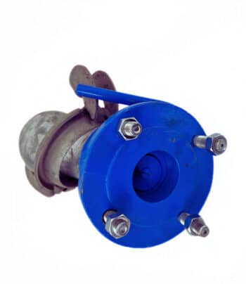 Druckanschluss mit Kugel-Hebelverschlussring für Pumpe FAMOS IV80 DN65, abgebildet mit blauem Rundflansch und vier Befestigungsschrauben vor weißem Hintergrund.