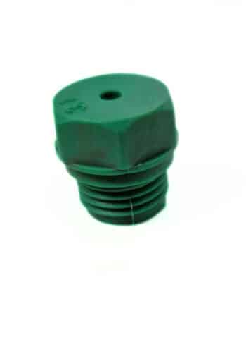 Eine Düse für B62 / B72 Schlüsselweite 17, ein grüner Kunststoffgewindestopfen mit einem zentralen Loch, ist auf weißem Hintergrund abgebildet.