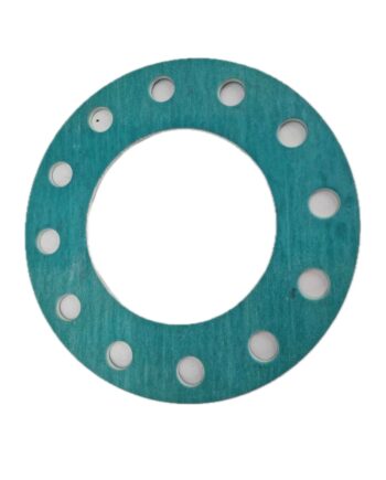 Die Dichtung unitec 103X180X3 E11-E51 ist eine kreisförmige grüne Dichtung mit zwölf gleichmäßig verteilten Löchern am Rand und einer großen zentralen Öffnung auf weißem Hintergrund.