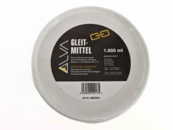 Ein runder Behälter mit der Aufschrift Gleitmittel 1000ml mit einem Volumen von 1000 ml, mit einer Gebrauchsanweisung und einem Barcode auf dem Deckel.