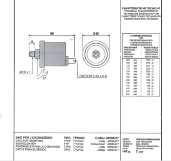 Technisches Diagramm des ELCOS Öldrucksensors TPO/403 mit Abmessungen, Druck- und Widerstandswerten sowie Bestellinformationen in mehreren Sprachen.