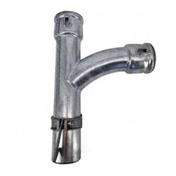 Der T-Stück Hakenverschluss ist ein Metallrohrfitting mit einem geraden vertikalen Abschnitt, einem gebogenen seitlichen Abzweig und verfügt über Klemmen und einen Verriegelungsmechanismus am unteren Ende.