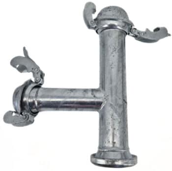 Das T-Stück HK108-HK89 ist ein T-förmiges Rohrstück aus Metall mit drei Öffnungen, die jeweils mit einem Scharniermechanismus ausgestattet sind.