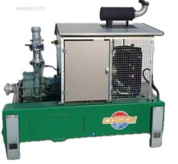 Das AGGREGAT FPT 100PS 100HT/2B ist eine Industriemaschine mit einem Metallgehäuse, sichtbaren Rohrleitungen und einer grünen Basis mit der Aufschrift „COGEM“.