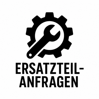 Ein Schraubenschlüssel in einem Zahnrad über dem deutschen Text ERSATZTEILANFRAGEN, der auf Ersatzteilanfragen und damit verbundene Dienstleistungen hinweist.