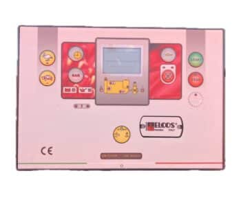 Motorpumpenaggregat-Steuertafel mit digitalem Bildschirm, START/STOP-Tasten, Kontrollleuchten und verschiedenen Symbolen; hergestellt von Elcos, Italien.