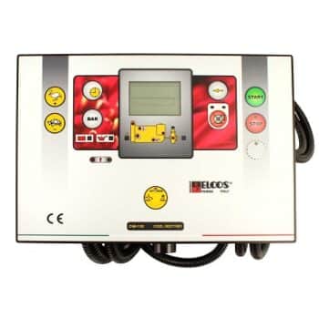 Rechteckiges industrielles Bedienfeld mit der Bezeichnung ELCOS, das mit Tasten, Kontrollleuchten, einer digitalen Anzeige und Kabelanschlüssen ausgestattet ist - ideal für Lagerhaus-Automatisierungssysteme.