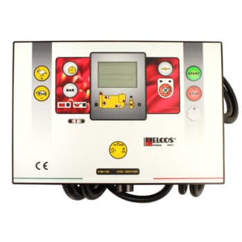 Elcos CIM 13: Rechteckiges elektronisches Bedienfeld mit Digitalanzeige, mehrfarbigen Tasten, Kontrollleuchten und dem ELCOS-Logo unten rechts.