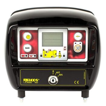 ELCOS Motorsteuerung CEM 250 - GENERALÜBERHOLT: Schwarzes Bedienfeld mit Tasten, zentralem Digitaldisplay, Kontrollleuchten und beschrifteten Bedienelementen zum Überwachen und Steuern von Geräten. Voll funktionstüchtig und einsatzbereit.