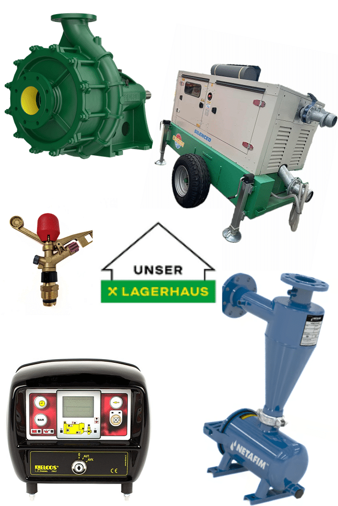 Eine Collage zeigt verschiedene landwirtschaftliche Geräte, darunter eine Pumpe, einen Generator, ein Bewässerungsventil, eine Schalttafel, einen Filter und in der Mitte das Lagerhaus-Logo, das die Kompetenz von Lagerhaus bei landwirtschaftlichen Lösungen unterstreicht.