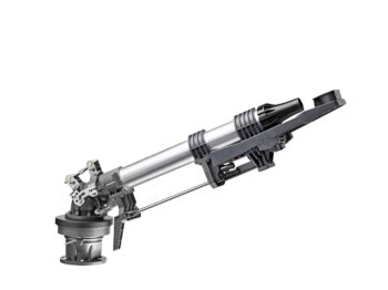 Der Weitstrahlregner VA Ultra, abgebildet mit 3 mitgelieferten Düsen, ist ein robustes zylindrisches Bauteil aus Metall, das für industrielle Spritzanwendungen entwickelt wurde, abgebildet auf weißem Hintergrund.