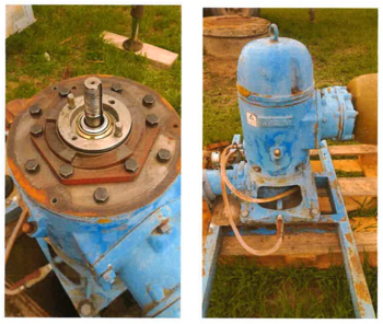 Zwei Ansichten einer blauen Industriepumpe mit sichtbarem Rost, montiert auf einer Holzpalette im Freien auf Gras.